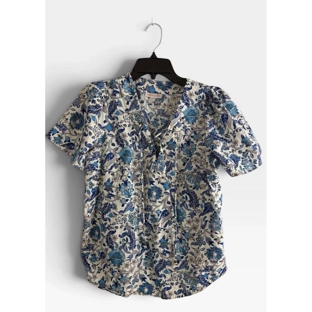 Knox Rose Womens Shirt Adult Size Small Blue Floral V Neck Tie Short Sleeve